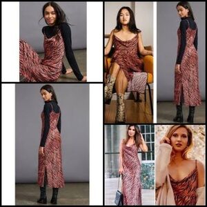 Anthropologie Elyse Zebra Brow Black Printed Bias Coquette Slip Dress Size XS